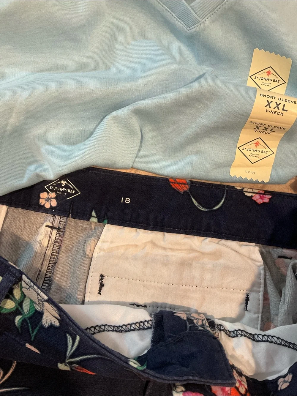Coral Red V-Neck Top with Floral Navy Pants and Light Blue Tee